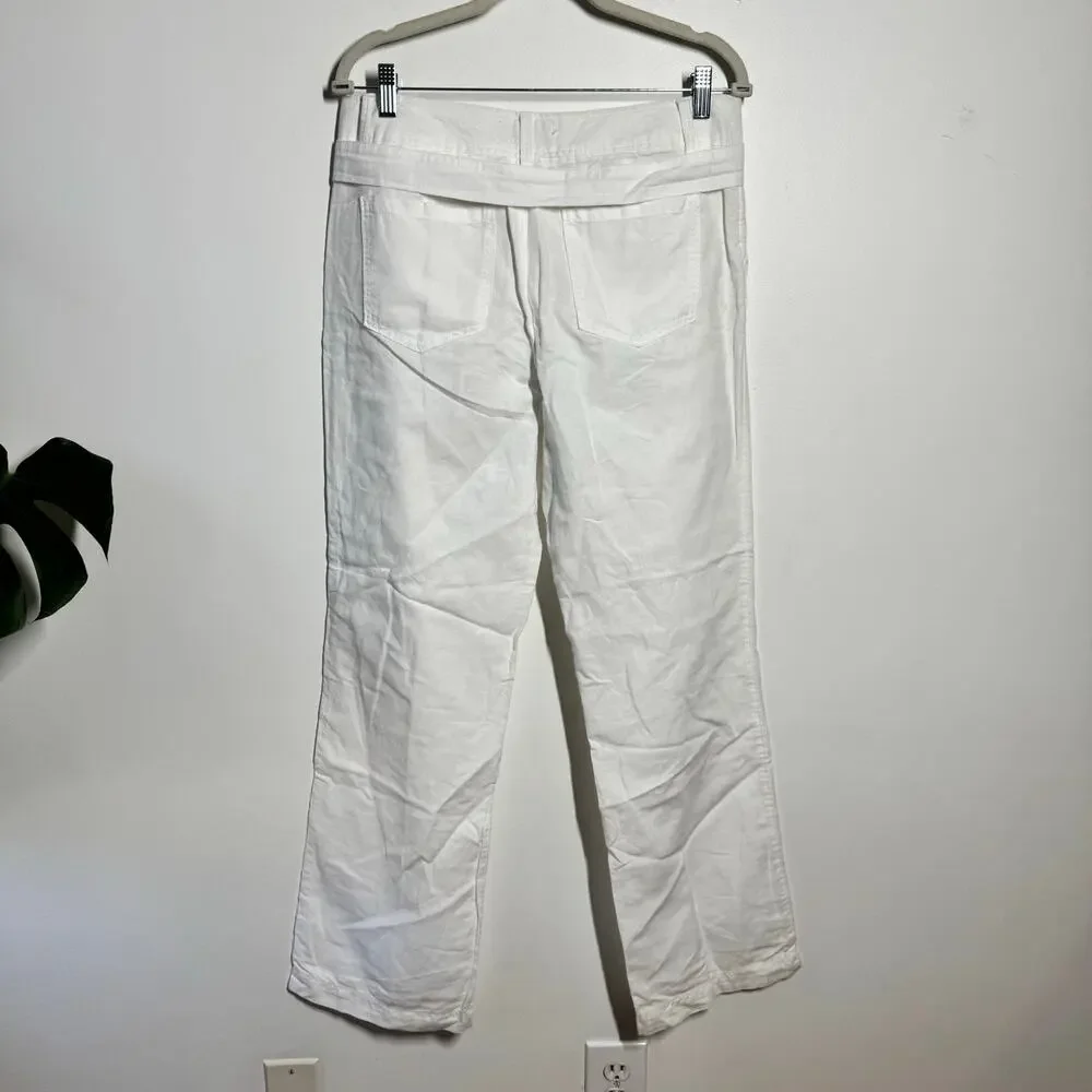 Banana Republic Tie Belt Straight Leg Pant Women 8 White Linen Coastal Beach‎